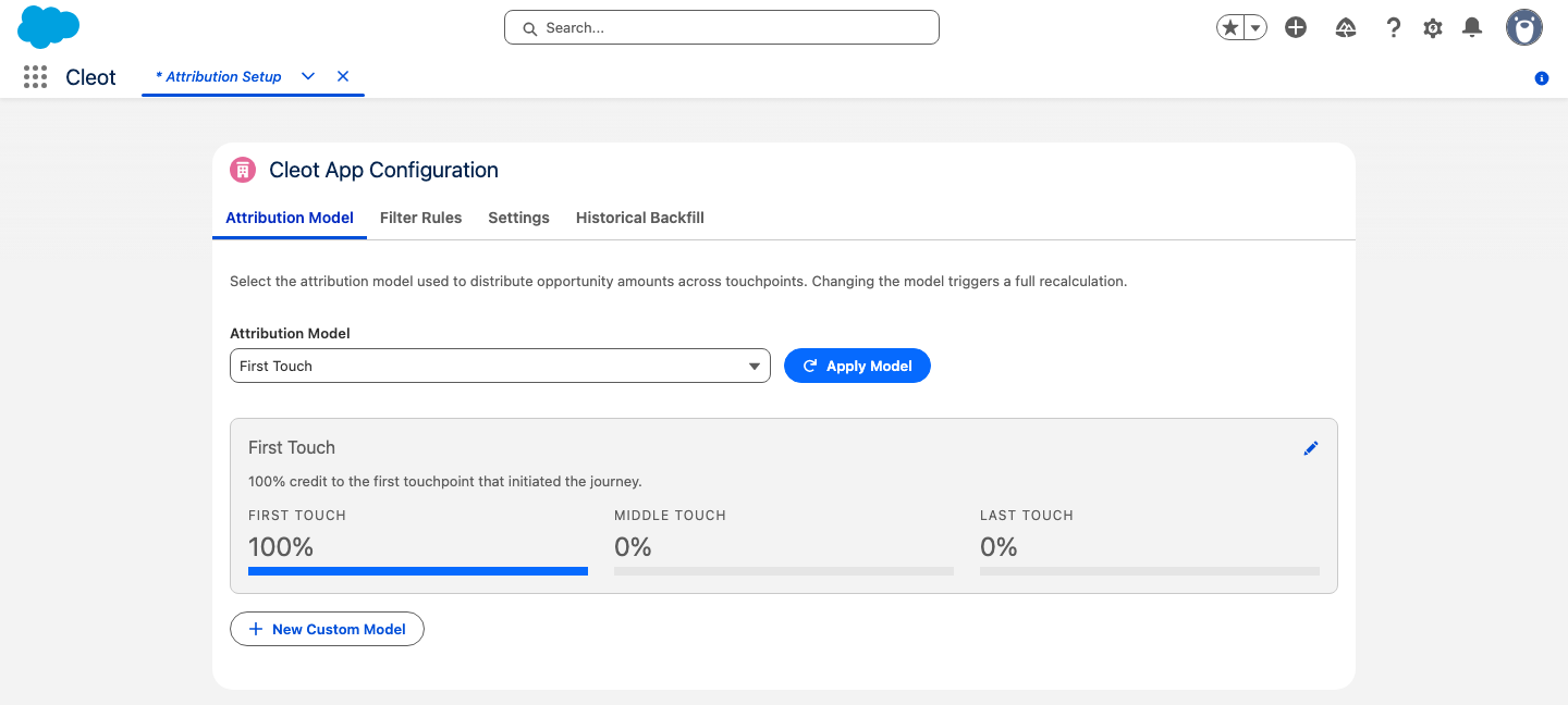 The Attribution Model tab with a model selected and its weight distribution