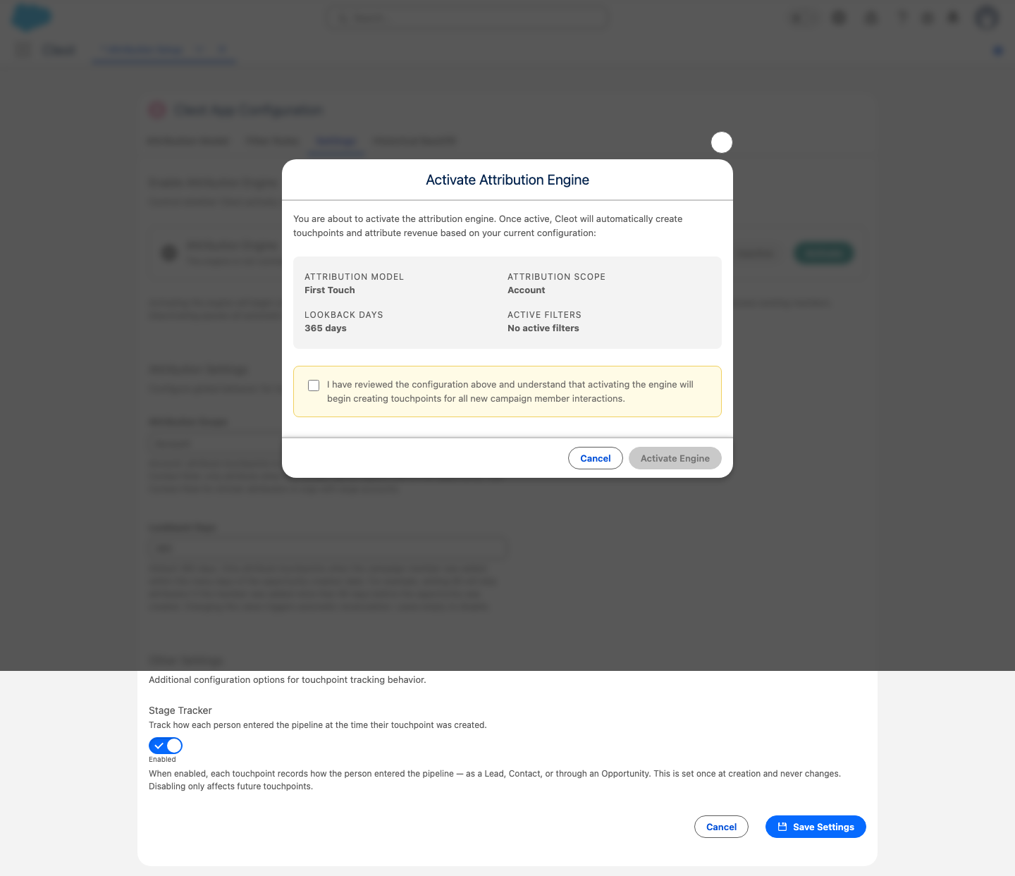 The activation confirmation modal showing the configuration summary and acknowledgment checkbox
