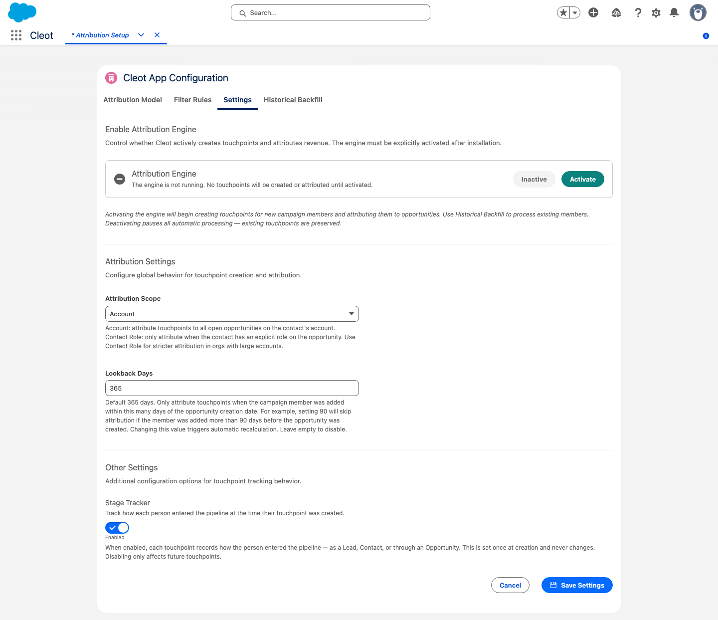 The Settings tab with the Enable Attribution Engine section at the top