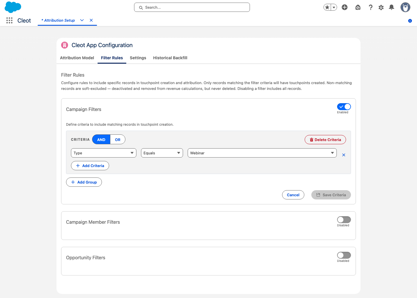 Campaign Filters enabled with a Type Equals Webinar criterion