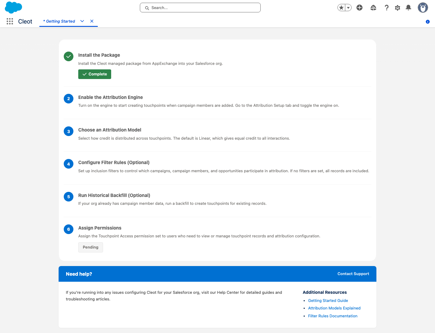 The in-app Getting Started checklist