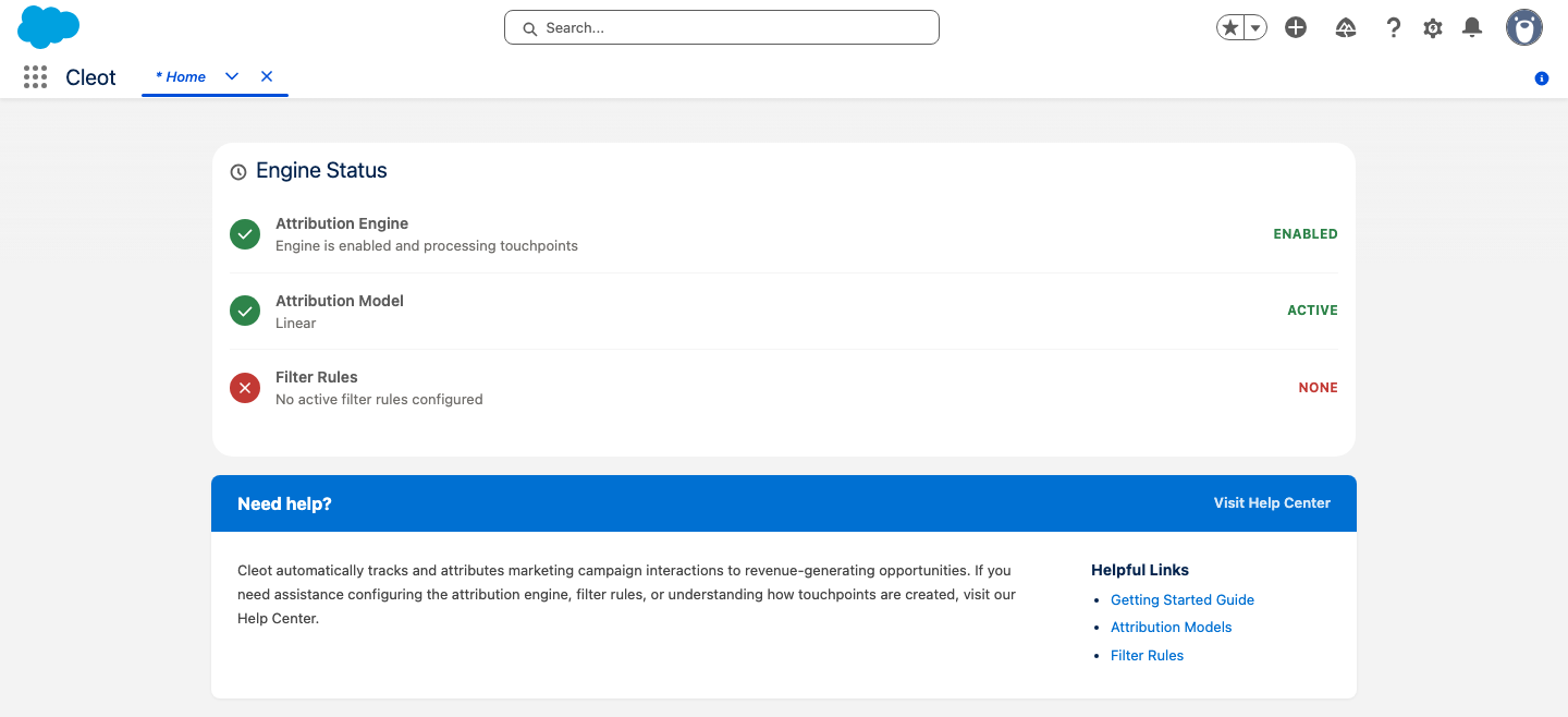 The Cleot Home page showing engine status
